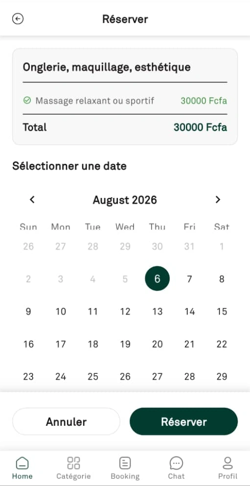 Écran de réservation dans l'application HAYATAK